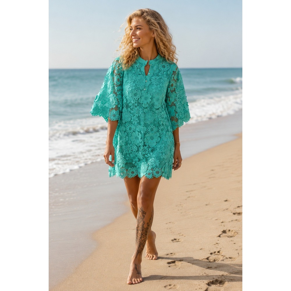 J. Marie Turquoise Floral Guipure Lace Mini Dress Womens Medium NWT